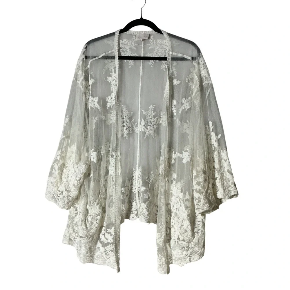 Entro Victorian Floral Embroidered Mesh Kimono Cardigan Sheer Lace XL J11635P‎